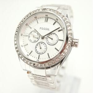 Fossil Womens Clear Acrylic Day Date Calendar 40mm Watch BQ1193 w New Battery
